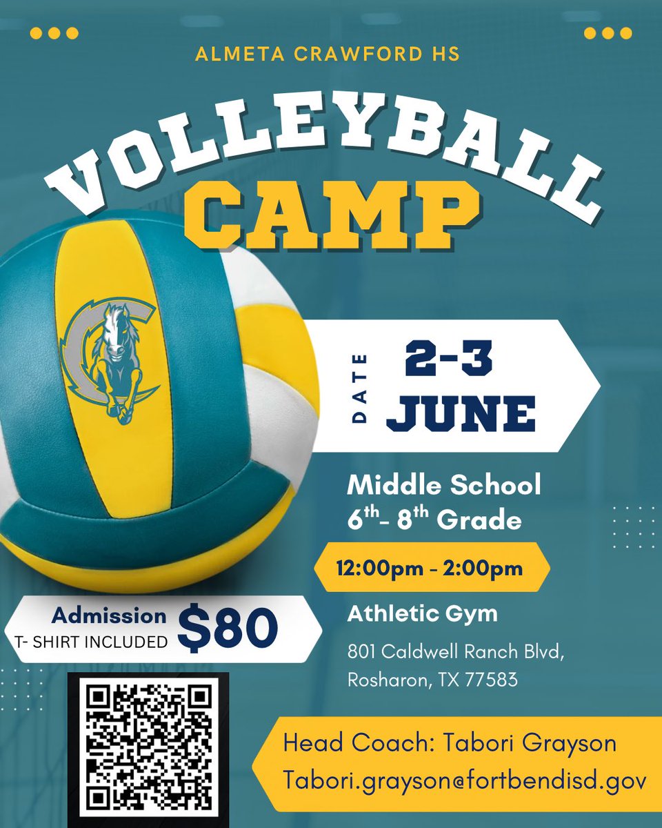 ACHS_CHARGER_VB's tweet photo. Tomorrow is the day! We’re excited to host our Middle School Volleyball Camp!

🏐Led by our Crawford Volleyball players!

📅 June 2–3
📍 Crawford HS
⏰ 12:00 PM – 2:00 PM
🏫 Grades 6–8

@BMSLonghorns @RTMSThundercats @TCATS_Athletics @FortBendISD @FBISDAthletics https://t.co/piRNgdTJXh