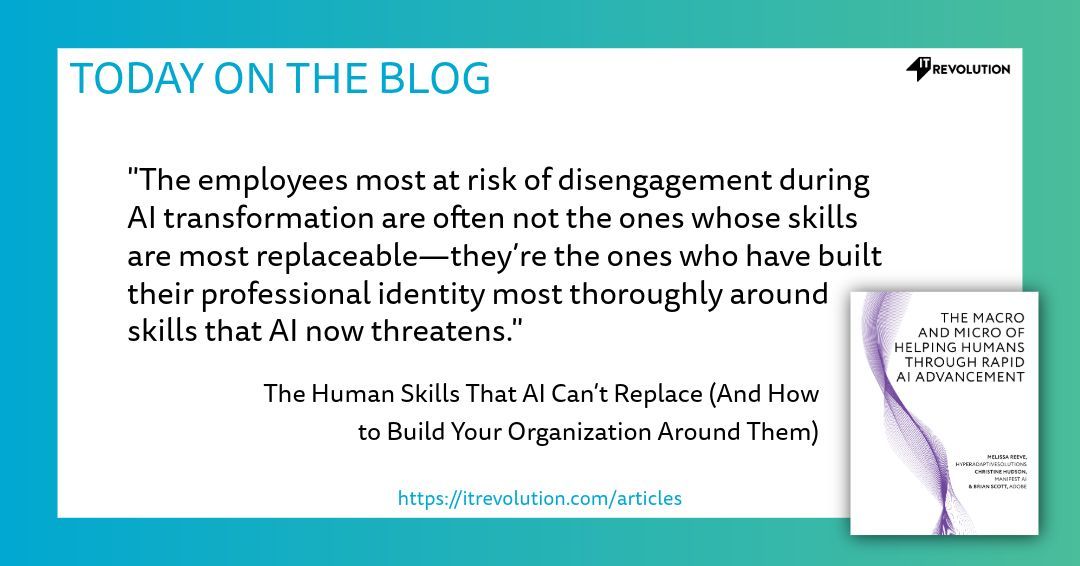 ITRevBooks's tweet photo. Our latest article looks at one of the papers from the Enterprise Technology Journal Spring 2026. In "The Macro and Micro of Helping Humans Through Rapid AI Advancement," authors Christine Hudson, Melissa M. Reeve, and Brian Scott dig into the human skills that AI can't replace.

"The employees most at risk of disengagement during AI transformation are often not the ones whose skills are most replaceable—they’re the ones who have built their professional identity most thoroughly around skills that AI now threatens." 

Read more: https://t.co/s0Sni70WoG