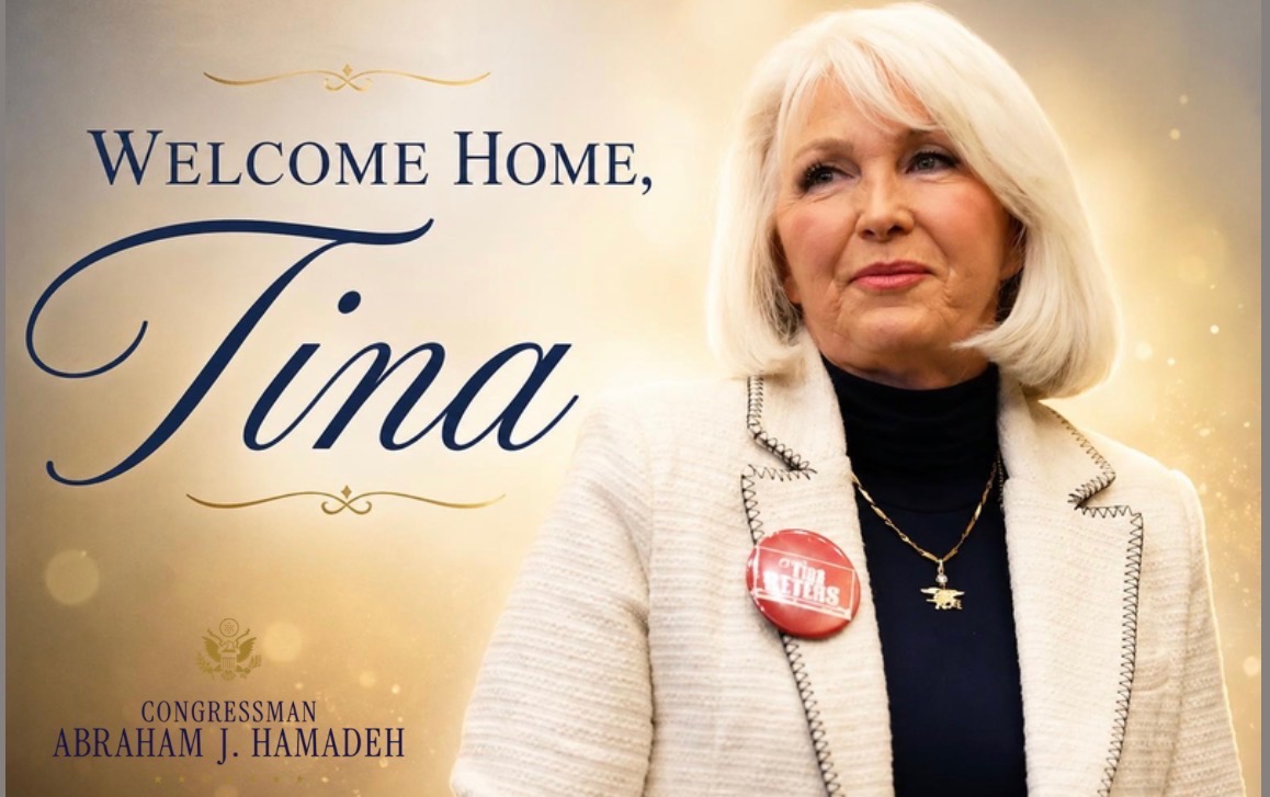 RepAbeHamadeh's tweet photo. What Gold Star mother @realtinapeters has been forced to endure over the past several years for the “crime” of blowing the whistle on election fraud is unconscionable.

Today, upon her release from this unjust imprisonment, Congressman Hamadeh celebrates Tina’s freedom. https://t.co/0VyJ8vvWKj