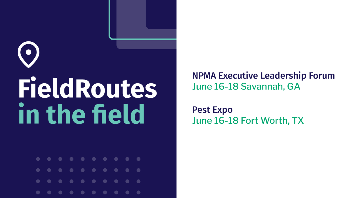 FieldRoutes's tweet photo. Two big events. One week. If you are heading to the @NationalPestMgt Executive Leadership Forum in Savannah or Pest Expo in Fort Worth, June 16-18, we’ll see you there. 

For more events, check out our calendar: https://t.co/gsoTQPEItN

#FieldRoutes #PestControl https://t.co/oC6RS2Zz1M