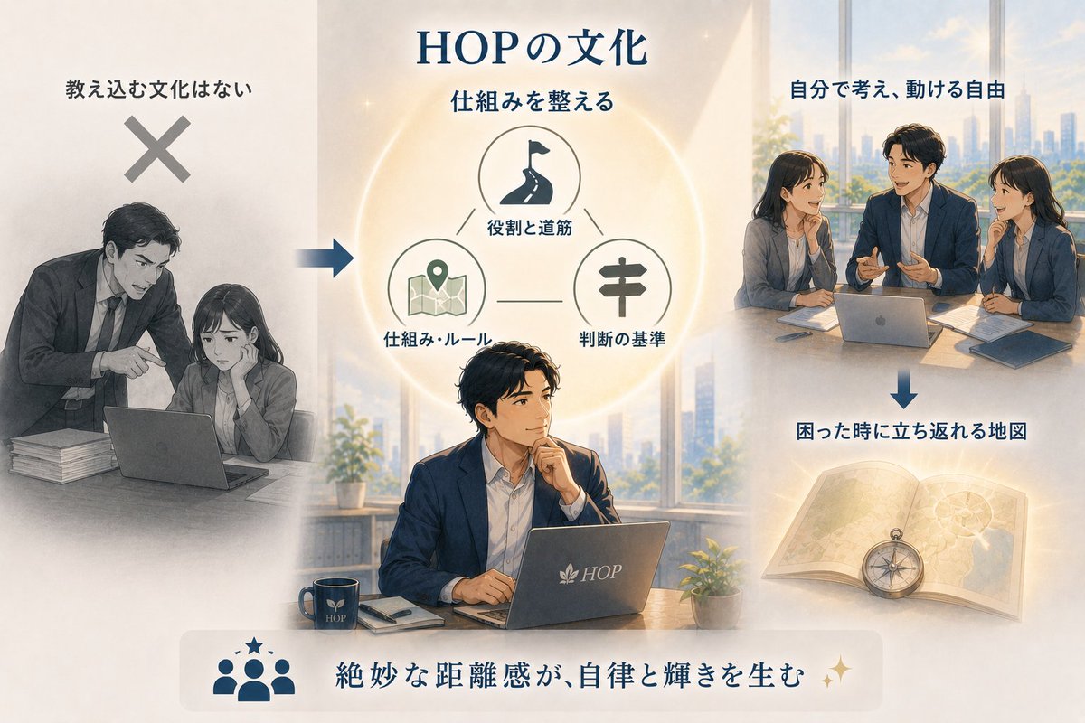 Hopgroup_ogami's tweet photo. おはようございます☀️
HOPには手取り足取り「教え込む」文化はありません。
代わりに、役割や進むべき道がわかる「仕組み」を整えています✨✨✨
自分で考え、動ける自由。そして困った時に立ち返れる地図
この絶妙な距離感があるから、私たちは自律して輝けるのだと思います☺️ https://t.co/hbtNJS1UGo