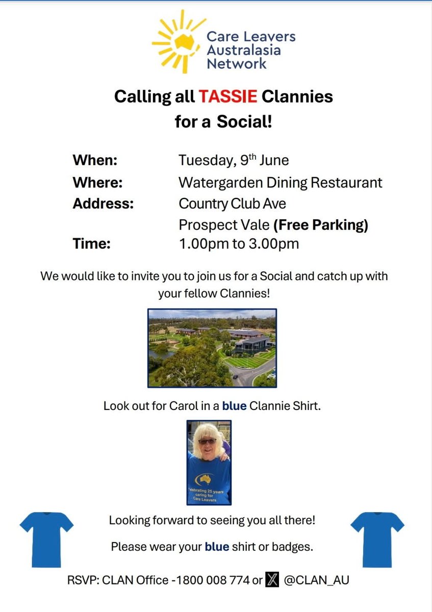 CLAN_AU's tweet photo. Tassie Clannies your next social is on next Tuesday in Launceston 
Thanks Carol for organising it 
Please remember to take lots of photos of your lovely smiley faces 😊😁👕💛💙 https://t.co/UPcUNEFzyd