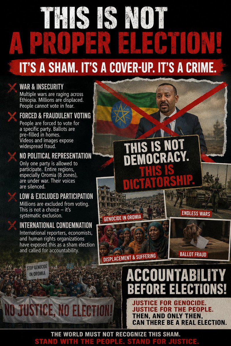 QubeeMN's tweet photo. #EthiopiaElections2026 | Elections held amid war, mass displacement, political exclusion, censorship, and widespread allegations of coercion and ballot fraud cannot be presented as a triumph of democracy. Before celebrating 'voting,' there must be accountability for #human rights abuses, justice for victims, and conditions that allow genuine political participation. #Democracy is more than a ballot box, it requires freedom, security, representation, and trust. @cnni @hrw @UNHumanRights @AJEnglish @EUCouncilPress @BBCWorld #ShamElection @AbiyAhmedAli is a war criminal | GENOCIDER!