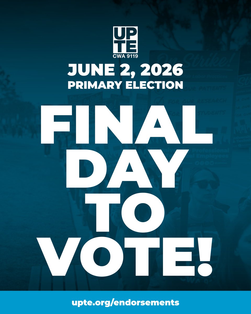 UPTECWA's tweet photo. 🗳️California: Today is the FINAL day to vote in the primary election! Polls close at 8 pm. Drop off your vote-by-mail ballot at any vote center or drop box by 8 pm. Find locations at https://t.co/deV3EmYHf6. Make your voice heard!

#CAPrimary #CA #UnionStrong https://t.co/aO7OU7XVaM