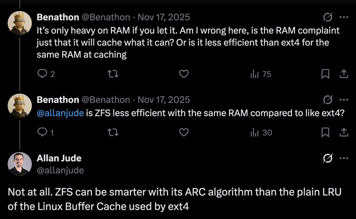 Benathon's tweet photo. @CloudyBRM @thdxr ZFS uses memory for cache just like any other FS on Linux. however it uses it more efficiently, so "bloated" does not apply here https://t.co/UwN8g6Kz9I