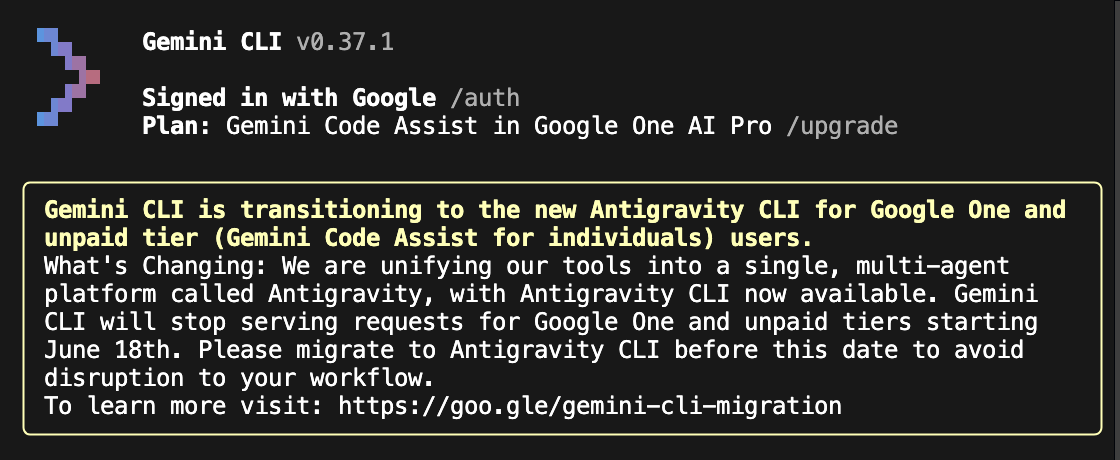 turtlekazu_dev's tweet photo. Gemini CLIは非推奨になって、Antigravity CLIが今後メインになるのか。

コーディング性能がCodexやClaude並みにちゃんとなってくれるのであれば大いに嬉しいので、違いがあるか試してみよう。

https://t.co/kR3L3Cxn7O https://t.co/4qjbPVhUym