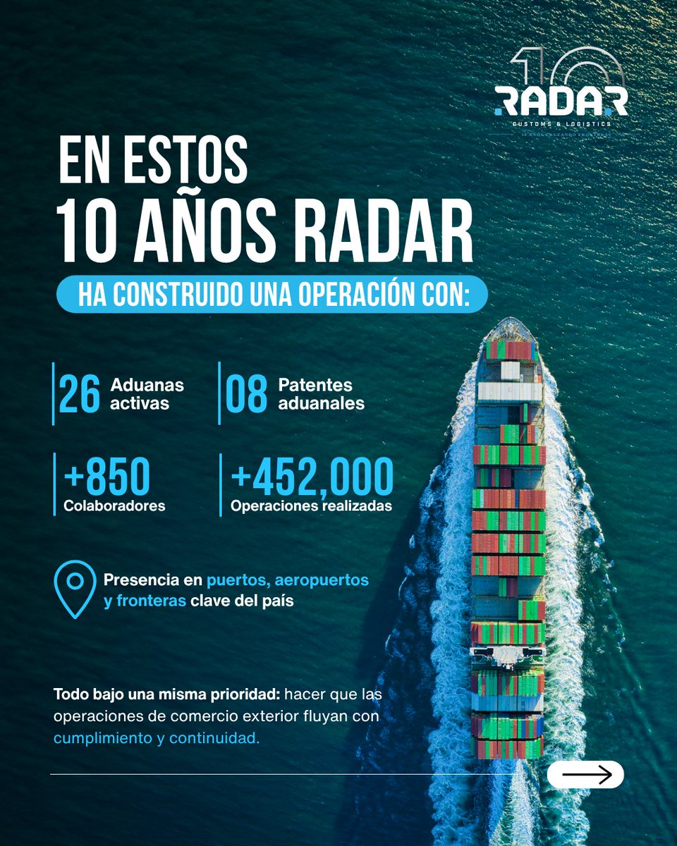 RadarCustomsL's tweet photo. 10 años moviendo operaciones que no pueden detenerse.

Detrás de cada importación existe algo que pocas veces se ve:
equipos, procesos, cumplimiento y decisiones que impactan directamente la continuidad de una operación. https://t.co/dmmeWv90cS
