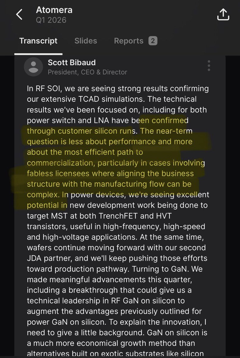 joedab12's tweet photo. $ATOM Atomera 

RFSOI seems to be close. The way I am interpreting the screenshot below is the customer got the results they are looking for but now have to figure out how to source the wafers. Meaning if its a fabless customer, they are coordinating with Atomera+their foundry+ a wafer manufacturer who is almost certainly Soitec in this case. 

Atomera has clearly stated theyre working with almost all the rfsoi foundry capacity that exists and you cannot say that without working with $GFS $UMC $TSEM - this part isnt my opinion, just facts. 

https://t.co/9iD8N0AiPr