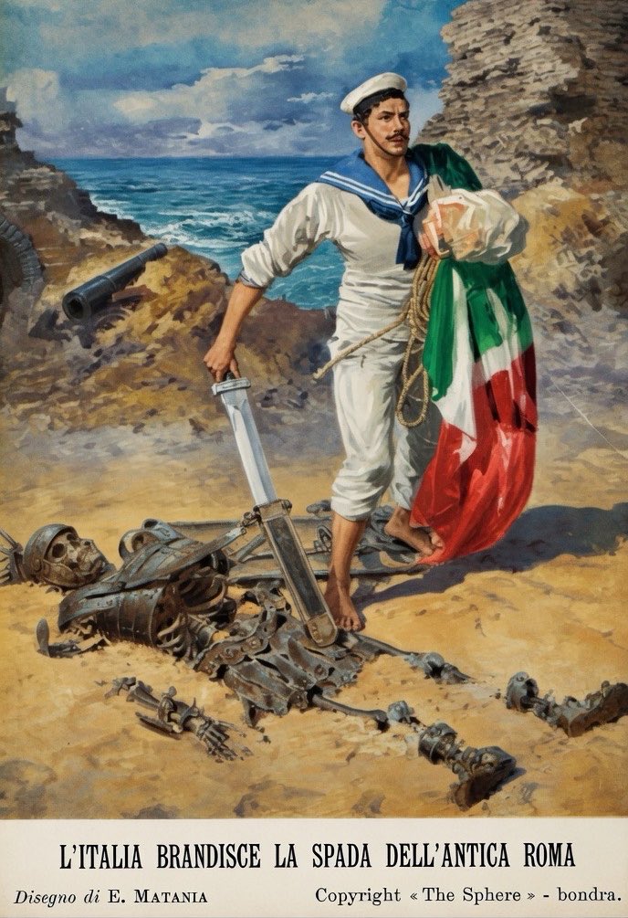 EchoesofEmpire_'s tweet photo. "Italy brandishes the sword of ancient Rome", Italian illustration made during the Italo-Turkish War fought over Libya (1911-1912). Colourised. https://t.co/p98rtmycvu