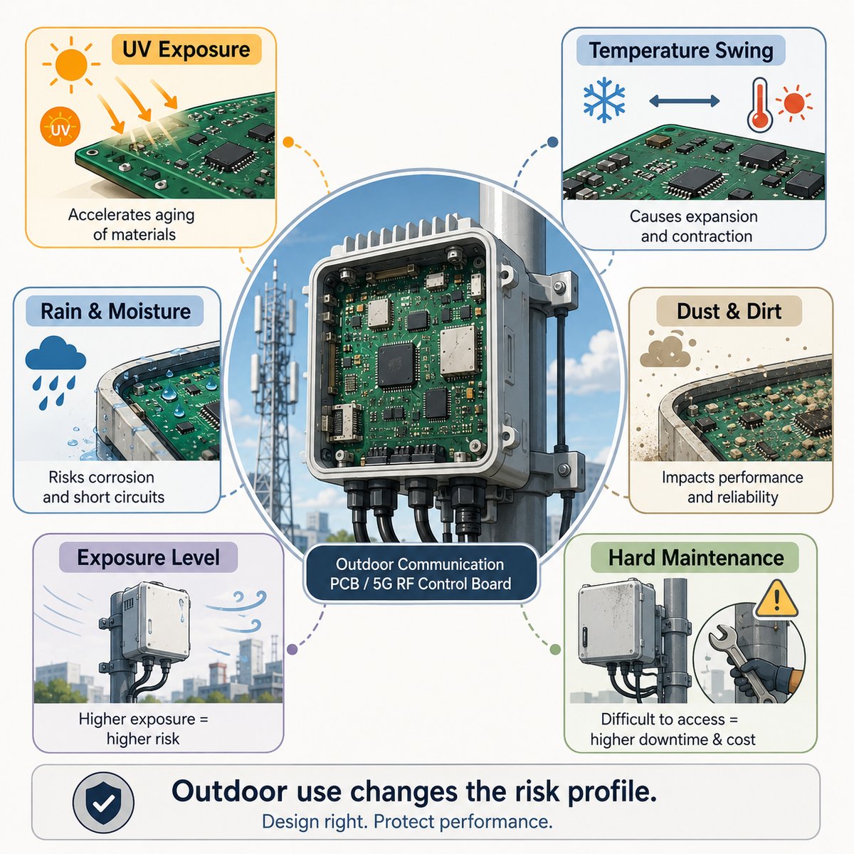 PCBFastTurn's tweet photo. Before moving a design outdoors, ask:

Will UV, rain, dust, temperature changes, or limited maintenance access affect reliability?

Outdoor use changes the design review.

#Fastturn #PCBFabrication #ElectronicsEngineering https://t.co/3xlWT1jHAk