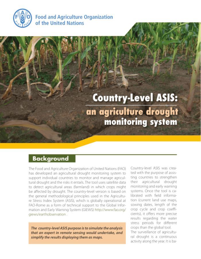 reliefweb's tweet photo. This brief explains how @FAO's tool "Country Level ASIS" uses satellite data to monitor #agricultural #droughts and support countries in early detection and #risk mitigation. https://t.co/lh4gvawfhD https://t.co/nJXGgUpiDU