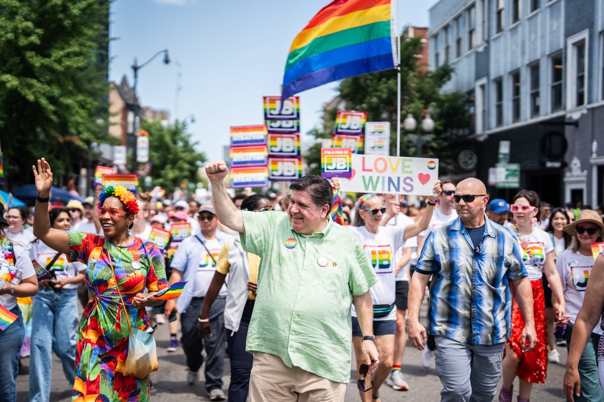JBPritzker's tweet photo. While Donald Trump and MAGA extremists want to take us backwards, we'll stop at nothing to ensure LGBTQ+ people are safe, welcome, and protected in our state.

Illinois will always be a beacon for equality as long as I'm governor. Happy Pride Month! https://t.co/GCn8HEeZqt