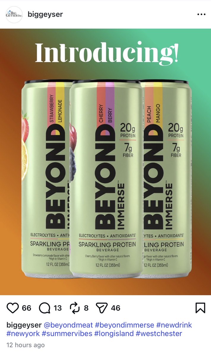 Thestockwiz2's tweet photo. $BYND 🚨🍹Big Geyser is officially introducing Beyond Immerse across New York.

Let that sink in.

This isn't a concept anymore. This isn't a prototype anymore.

It's being promoted by one of the largest beverage distributors in the region and is now front and center on 
Big Geyser's social channels.

✅ 20g Protein ✅ 7g Fiber ✅ Electrolytes ✅ Antioxidants

Add in the Josh Hart partnership, the NYC rollout, improving company fundamentals, and the broader transition beyond plant-based meat...

The market may still be focused on yesterday's BYND.

Management is building tomorrow's BYND.

The takeover is coming. 🚀💚🔥

$30+🚀🚀🚀🚀🚀🚀🚀🚀🚀🚀