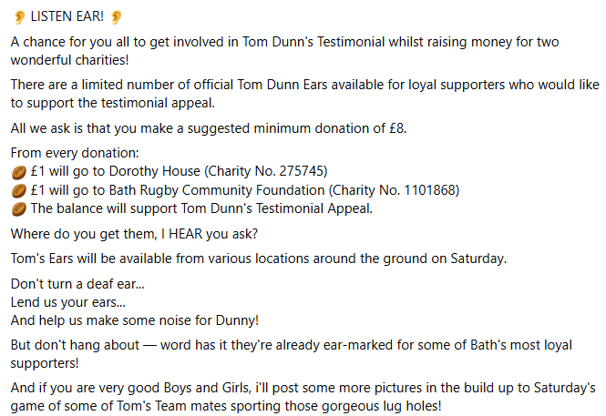 bathbadger's tweet photo. A chance for you all to get involved in Tom Dunn's Testimonial whilst raising money for two wonderful charities!
There are a limited number of official Tom Dunn Ears available for loyal supporters who would like to support the testimonial appeal. Details in the Picture :) https://t.co/bBVtPSkP8m