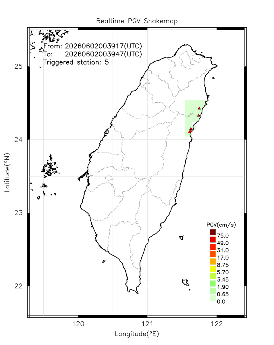 eew_p's tweet photo. Automatically Plotted Shakemaps:
* 2026-06-02 08:39:47 (UTC+08:00, Taipei)
* Evt. 20260602083917, 30s after trig.
* Total 5 triggered stations

Note: These shakemaps are not yet confirmed, for reference only!
#地震 #台灣 #earthquake #Taiwan https://t.co/4WnWqnvyo4