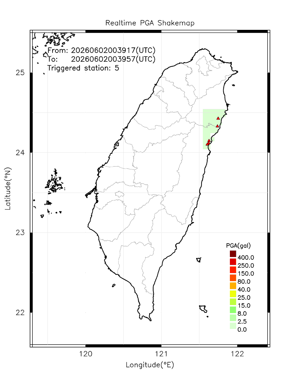 eew_p's tweet photo. Automatically Plotted Shakemaps:
* 2026-06-02 08:39:57 (UTC+08:00, Taipei)
* Evt. 20260602083917, Final Report.
* Total 5 triggered stations

Note: These shakemaps are not yet confirmed, for reference only!
#地震 #台灣 #earthquake #Taiwan https://t.co/SXeznomkzK