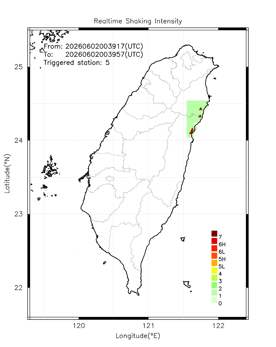 eew_p's tweet photo. Automatically Plotted Shakemaps:
* 2026-06-02 08:39:57 (UTC+08:00, Taipei)
* Evt. 20260602083917, Final Report.
* Total 5 triggered stations

Note: These shakemaps are not yet confirmed, for reference only!
#地震 #台灣 #earthquake #Taiwan https://t.co/SXeznomkzK