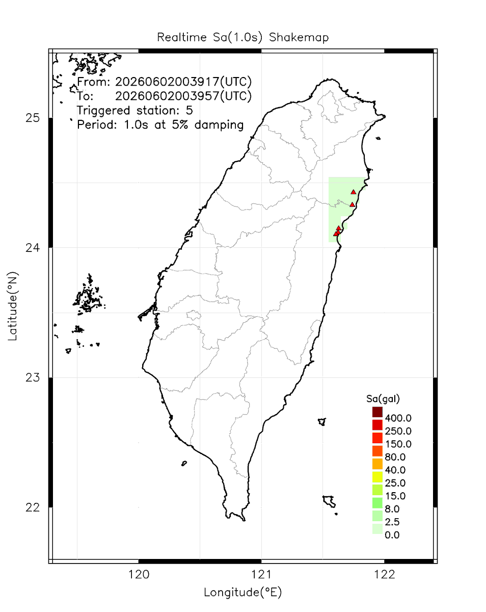 eew_p's tweet photo. Automatically Plotted Shakemaps:
* 2026-06-02 08:39:57 (UTC+08:00, Taipei)
* Evt. 20260602083917, Final Report.
* Total 5 triggered stations

Note: These shakemaps are not yet confirmed, for reference only!
#地震 #台灣 #earthquake #Taiwan https://t.co/SXeznomkzK