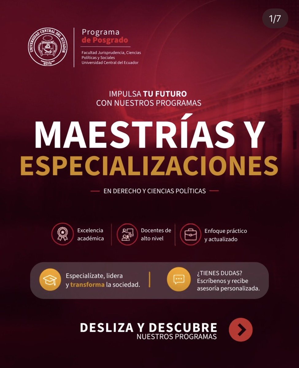 UcePosgradoFJ's tweet photo. El Derecho cambió.
Y quienes liderarán los nuevos escenarios serán quienes decidan prepararse para ellos. ⚖️ Descubre la nueva oferta de maestrías y especializaciones de la Facultad de Jurisprudencia UCE.
#SéMáster
📲 0998542327 https://t.co/3yHFrGyOkw
