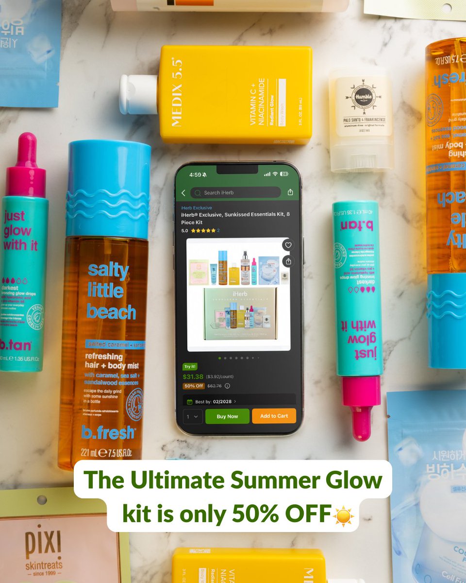iHerb's tweet photo. An 8-piece summer routine for under $32? Say less. ☀️🧴
Grab the iHerb Exclusive Sunkissed Essentials Kit for 50% OFF right now: https://t.co/weEVSHaTJh https://t.co/oo3P7ykXon