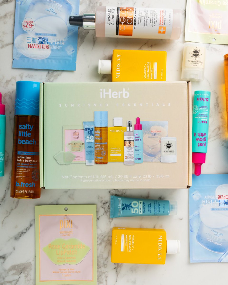 iHerb's tweet photo. An 8-piece summer routine for under $32? Say less. ☀️🧴
Grab the iHerb Exclusive Sunkissed Essentials Kit for 50% OFF right now: https://t.co/weEVSHaTJh https://t.co/oo3P7ykXon