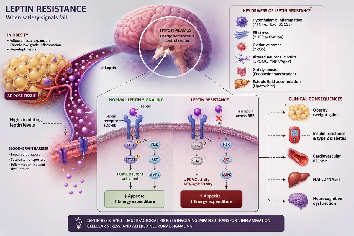 mncangie's tweet photo. 🧠 La obesidad no suele ser un problema de falta de leptina, sino de resistencia a la leptina.
Aunque los niveles de leptina están elevados, el cerebro deja de interpretar la señal de saciedad.
Resultado:
🍽️ Más hambre
📉 Menor gasto energético
⚠️ Problemas con el peso https://t.co/SfSFW4K4QY
