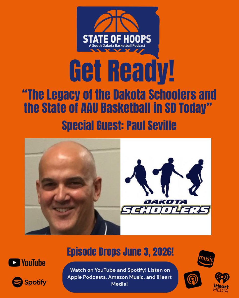 StateofHoopsPod's tweet photo. Get Ready! Episode 23 of the @StateofHoopsPod - “The Legacy of the Dakota Schoolers and the State of AAU/Club 🏀 in South Dakota Today,”……with special guest @PaulWSeville ….drops this Wednesday, June 3! @SDBasketballHOF @605_sports @stuwhitney @KWSNSports @MikeHenriksen https://t.co/OkBC1r90UM
