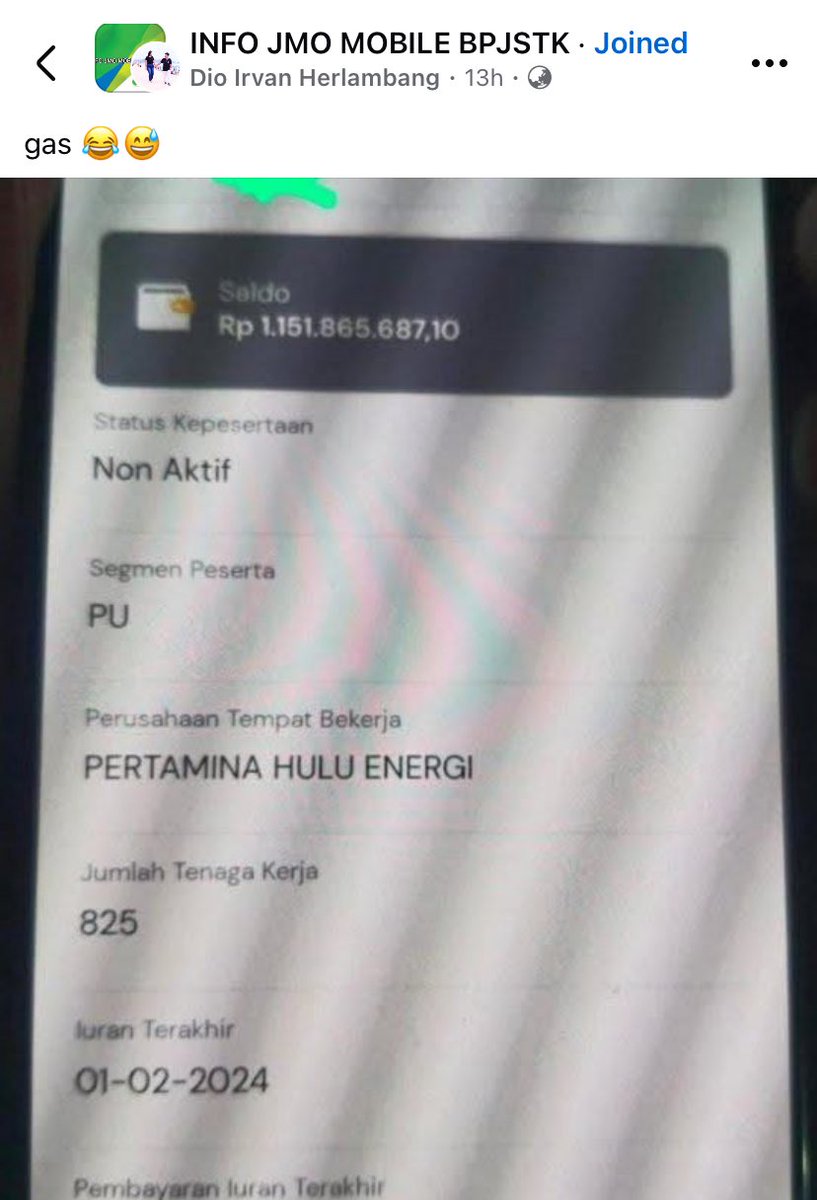LambeSahamjja's tweet photo. - Saldo JHT BPJS Ketenagakerjaan: Rp1.151.865.687
- Perusahaan: Pertamina Hulu Energi
-Status: Non Aktif
- Iuran terakhir: Februari 2024

coba kita hitung berapa gaji ksar bapk ini
Dalam program JHT, total iuran adalah 5,7% dari gaji (3,7% perusahaan + 2% pekerja), belum termasuk hasil pengembangan investasi BPJS.

Misalnya bapak itu bekerja selama:
- 20 tahun, saldo Rp1,15 miliar → estimasi gaji rata-rata sekitar Rp45–60 juta/bulan
- 25 tahun, saldo Rp1,15 miliar → estimasi gaji rata-rata sekitar Rp35–50 juta/bulan
- 30 tahun, saldo Rp1,15 miliar → estimasi gaji rata-rata sekitar Rp30–40 juta/bulan

berarti rangenya di 30-60 jutaaan
gede banget gaji pertamina berarti
bisa sampe 6-10x UMR jakarta gajinya