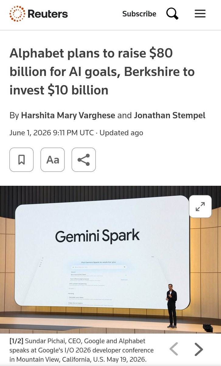 IAtalkspace's tweet photo. Google is raising $80B in equity to finance its AI buildout. This follows a $32B debt it raised in February. 

It foreshadows how the capital structure of private frontier labs may change once they go public &amp; are unprofitable. They can't do only massive equity rounds forever. https://t.co/8sNtAfZV1J