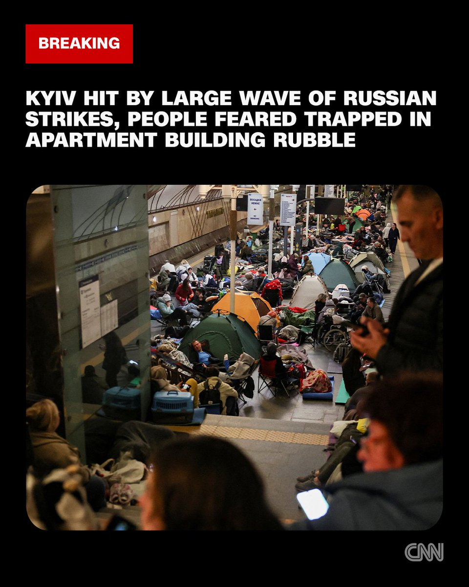 CNN's tweet photo. People are feared trapped under the rubble of a multi-story residential building after Russia launched a heavy drone and missile attack on the Ukrainian capital, according to Ukrainian officials. https://t.co/oU9IOu7uSS https://t.co/RFRv0v5DYG