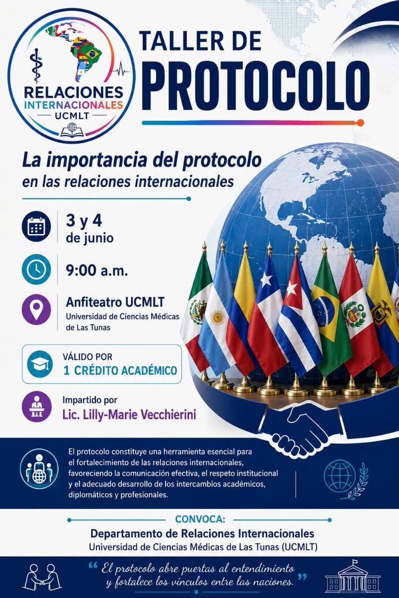 ColaboracionLT's tweet photo. El Departamento de Relaciones Internacionales de la Universidad de Ciencias Médicas de Las Tunas invita a estudiantes, profesores y trabajadores a participar en el Taller de Protocolo: "La importancia del protocolo en las relaciones internacionales"
#RelacionesInternacionales https://t.co/jVuDibEUcs