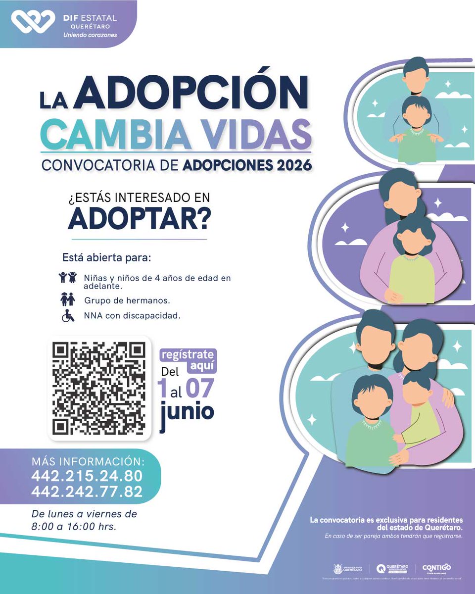 gobqro's tweet photo. ¡La adopción cambia vidas! 👨‍👩‍👧

¿Resides en #Querétaro y te gustaría adoptar? 🫶

La convocatoria de #adopciones 2026 del DIF Estatal está abierta hasta el 7 de junio, ¡regístrate! 📋

Para mayores informes comunícate a los teléfonos: 442 215 2480 / 442 242 7782 https://t.co/9YOO1BI0qI