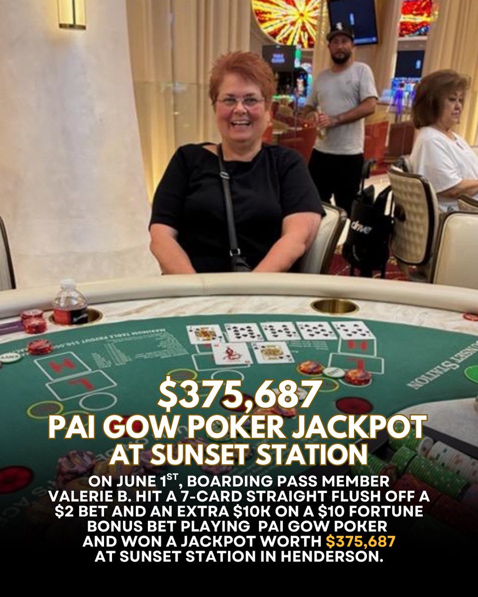 SunsetStation_'s tweet photo. JACKPOT ALERT! 🚨 Congratulations to local Valerie B. for hitting a 7-card straight flush off a $2 bet and an extra $10k on a $10 Fortune Bonus bet playing Pai Gow Poker and won a jackpot worth $375,687 in the brand new Sunset table games pit this afternoon. 

What a way to start the month!