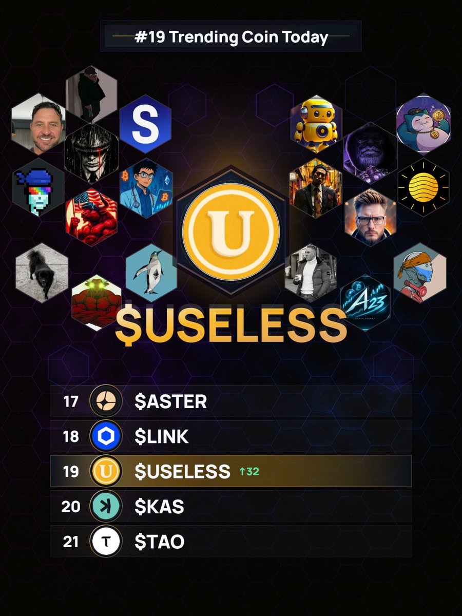 CryptoSocialsX's tweet photo. $USELESS is one of the sharper movers on X today, now #19 in X trends.

What traders are talking about:
• Whale accumulation is a major theme, with significant inflows noted over the past 30 days, leading the Solana meme market.
• Technical analysis suggests bullish patterns like rounded bottoms and consolidation, with key resistance levels approaching.
• Traders are reporting successful profit-taking and are watching for breakouts above resistance to target new highs.
• The asset is seen as having strong relative strength against Bitcoin and the broader market, despite overall market conditions.
• Comparisons are being made to other established meme coins, noting its resilience and potential for growth.

Frequent $USELESS mentioners on X today:
@RENDER__DADDY - 18
@kale_abe - 4
@cryptodoc_ - 3
@Yakuza_Crypto_ - 3