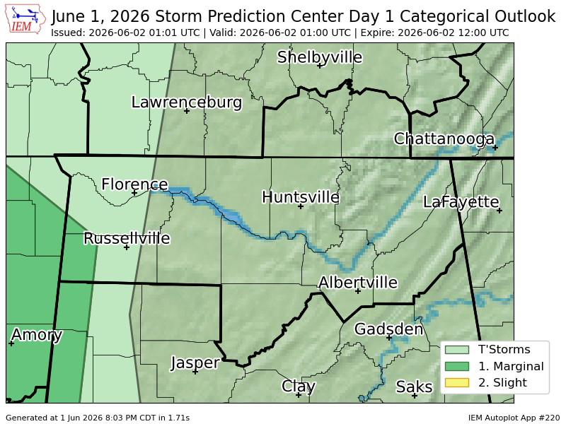 CullmanToday's tweet photo. #SPC issues Day 1 Marginal Convective Risk at Jun 2, 1:01z for HUN https://t.co/NQ6WiumpwO https://t.co/abNTaSHbif