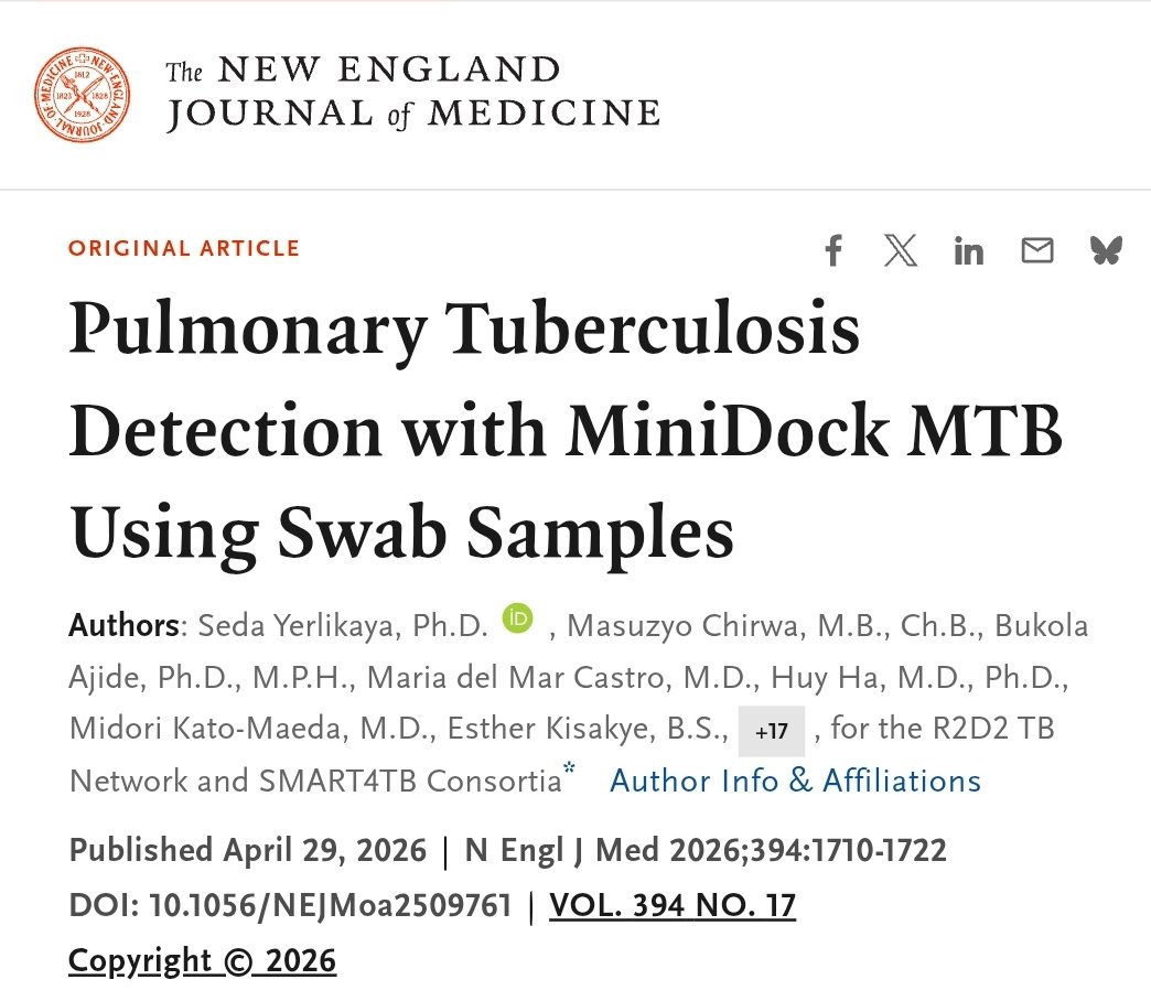 docakx's tweet photo. The MiniDock MTB is a new portable rapid TB test (Pluslife, 2025) using tongue swab or sputum. 

It detects bacterial DNA in <30 min, costs $3–4 per test ($300 device), and meets WHO accuracy targets—far easier than traditional phlegm microscopy. 

A NEJM study of ~1,400 patients across 7 countries confirmed its effectiveness for quicker diagnosis in low-resource settings. WHO recommended it in March 2026.

Drawbacks: May miss early/low-bacterial-load cases; does not detect drug-resistant TB (needs extra tests).