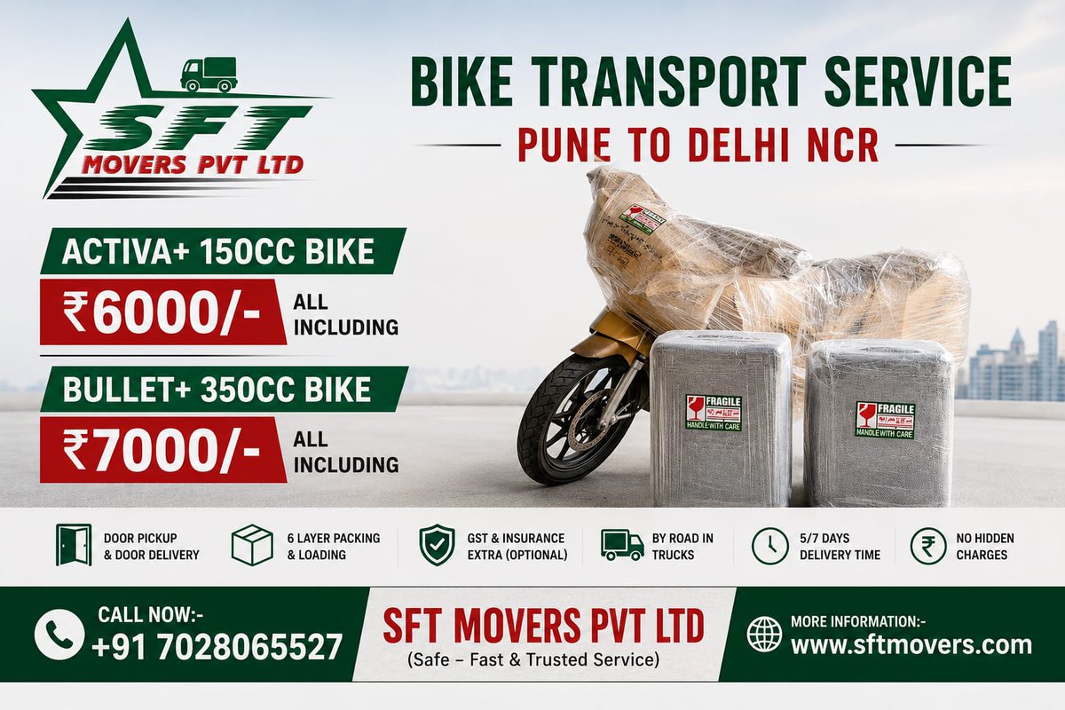 SftMovers's tweet photo. BIKE TRANSPORT SERVICE
📍 Pune to Delhi NCR
Professional Bike Transportation with Complete Safety &amp; Care
#Biketransportpunetodelhi
#biketransportservicespune #sftmovers #TwoWheelerTransport #safebiketransportation #punetodelhi https://t.co/8GhLla0qLZ