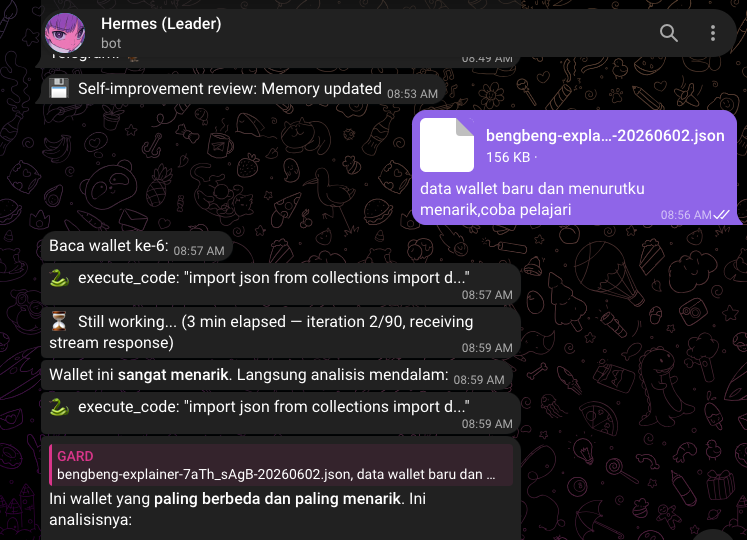 Gardvori's tweet photo. Di sektor apa pun, data itu penting.

Data = sumber informasi, pengalaman, dan pola.

Semakin banyak data yang dipelajari, semakin banyak insight yang bisa mengubah cara kita jadi lebih baik termasuk buat Agent AI.

Kali ini aku mau share trik biar Agent AI bisa mempelajari pola, khususnya pakai Hermes + bot DLMM punya @0xyunss 🫡

Tapi ingat:
Cara ini tidak 100% bikin hasil akhirnya sama persis dengan data yang kamu berikan.

Tetap perlu konfigurasi, eksperimen, dan tuning sampai nemu strategi terbaikmu.

1. Cari wallet yang mau dipelajari di:
https://t.co/zlifWN0ai1

Tips:
- Ambil avg entry yang sesuai budget
- Beda sizing = beda strategi

Big respect buat tim @lpagent_io 

2. Masuk ke:
https://t.co/y9nWlA0H8r

Paste address wallet target → **Get Insight → For AI Agent**

Nanti bakal dapat file `.json` berisi data yang bisa dipelajari AI.

Thanks bang @bengsharksol 🫡

3. Kalau agent-mu sudah connect ke Telegram, tinggal kirim file `.json` tadi.

Suruh agent-mu pelajari pola dari beberapa wallet, lalu ambil insight mana yang menurut dia paling profitable.

Sisanya? Ya banyak-banyak berdoa semoga strateginya cuan 😭