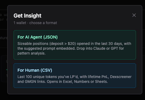Gardvori's tweet photo. Di sektor apa pun, data itu penting.

Data = sumber informasi, pengalaman, dan pola.

Semakin banyak data yang dipelajari, semakin banyak insight yang bisa mengubah cara kita jadi lebih baik termasuk buat Agent AI.

Kali ini aku mau share trik biar Agent AI bisa mempelajari pola, khususnya pakai Hermes + bot DLMM punya @0xyunss 🫡

Tapi ingat:
Cara ini tidak 100% bikin hasil akhirnya sama persis dengan data yang kamu berikan.

Tetap perlu konfigurasi, eksperimen, dan tuning sampai nemu strategi terbaikmu.

1. Cari wallet yang mau dipelajari di:
https://t.co/zlifWN0ai1

Tips:
- Ambil avg entry yang sesuai budget
- Beda sizing = beda strategi

Big respect buat tim @lpagent_io 

2. Masuk ke:
https://t.co/y9nWlA0H8r

Paste address wallet target → **Get Insight → For AI Agent**

Nanti bakal dapat file `.json` berisi data yang bisa dipelajari AI.

Thanks bang @bengsharksol 🫡

3. Kalau agent-mu sudah connect ke Telegram, tinggal kirim file `.json` tadi.

Suruh agent-mu pelajari pola dari beberapa wallet, lalu ambil insight mana yang menurut dia paling profitable.

Sisanya? Ya banyak-banyak berdoa semoga strateginya cuan 😭