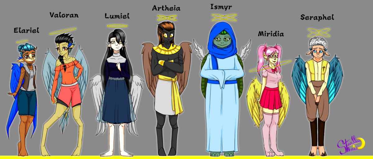 Starllar_art's tweet photo. My version of the 7 virtues (kind of the opposites of the 7 deadly sins). Just like the 7 sins, each of them has at least one animal as the basis for their body/appearance style.
(Remember, this is all fiction; take it just for fun and to exercise my creativity!)
#animedigitalart https://t.co/KxAhy9hMzX