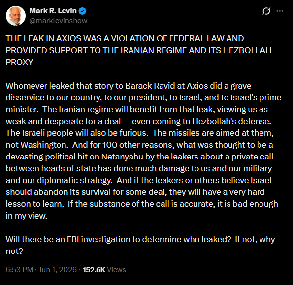 MarioNawfal's tweet photo. 🚨🇺🇸🇮🇱 Mark Levin seemingly confirms the Axios bombshell by attacking the leak instead of denying it…

Axios reported Trump exploded at Netanyahu in an expletive-laden call over Lebanon, telling him: 

"You're fucking crazy. You'd be in prison if it weren't for me.

I'm saving your ass.

Everybody hates you now. Everybody hates Israel because of this."

Levin, a close ally of both men, responded not by calling it false, but by demanding an FBI investigation into who leaked it: 

"The Iranian regime will benefit from that leak, viewing us as weak and desperate for a deal."

When your defense is "this private call should never have leaked" instead of "this call never happened," you've confirmed the call happened. 

Levin all but verified the most explosive account of the Trump-Netanyahu relationship to ever go public.

This is the Netanyahu test resolving in real time. 

For 95 days the question was whether Trump controls Netanyahu or the other way around. 

The answer, according to U.S. officials briefed on the call: Trump "steamrolled" him.

But the line that will echo is "you'd be in prison if it weren't for me." 

After months of everyone assuming Netanyahu was driving American policy, Trump just demonstrated, in the harshest terms possible, that he believes the opposite.