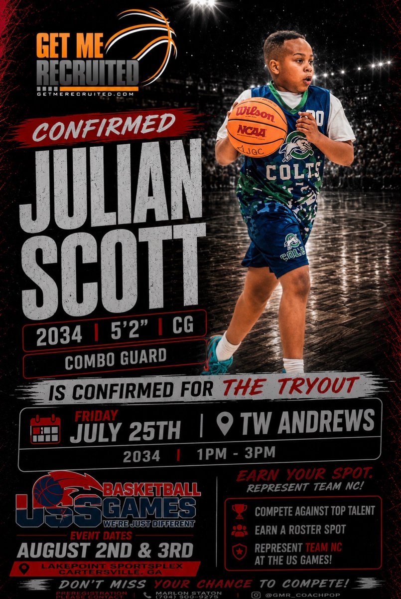getmerecruited's tweet photo. Julian Scott will be in the building to earn his spot on Team NC's roster July 25th at T.W. Andrews HS in High Point, NC!!!
#GMRHoops #GetMeRecruited https://t.co/KACvtoTbzq