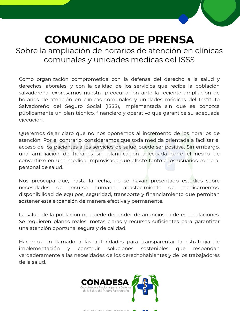 CCONADESA's tweet photo. 🚨 Ampliar horarios en el ISSS sin garantizar personal, medicamentos y recursos suficientes no es una solución. La salud requiere planificación, transparencia y medidas sostenibles, no improvisación. #ISSS #SaludDigna https://t.co/MJUHyY7FsE