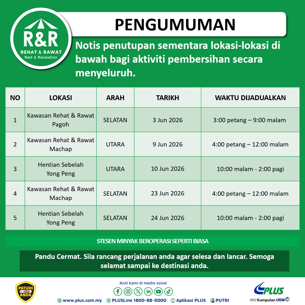 plus2u's tweet photo. PEMBERITAHUAN

Penutupan sementara lokasi-lokasi di bawah untuk aktiviti pembersihan secara menyeluruh.

Sila rancang perjalanan anda dan hati-hati memandu.

#Pembersihan
#PLUS_comfort https://t.co/alW5cKSJSN