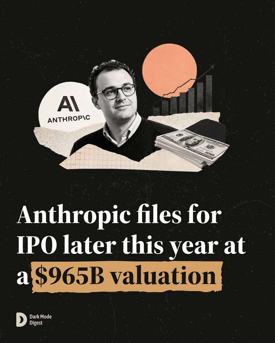 DarkModeDigest's tweet photo. Anthropic files for IPO later this year at a $965B valuation https://t.co/UmmXrpeN6X