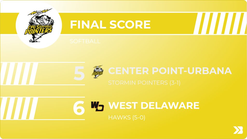 CPUActivities's tweet photo. Softball (Varsity) Score Posted - Center Point-Urbana Stormin Pointers lose to West Delaware Hawks 6-5. https://t.co/aT1DnaGOmV https://t.co/fHhkQKiJmk