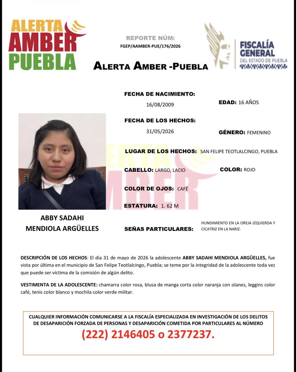 aamber_pue's tweet photo. #AlertaAmber | Solicitamos su apoyo para la búsqueda y localización de la adolescente ABBY SADAHI MENDIOLA ARGÜELLES, de 16 años de edad.

Fue vista por última vez en el municipio de San Felipe Teotlalcingo, Puebla. https://t.co/Xlu9rLUKAE
