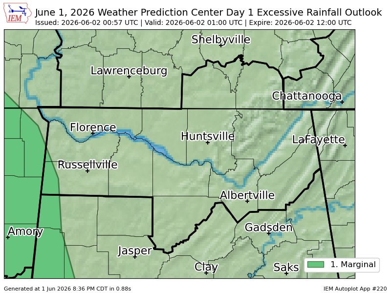 CullmanToday's tweet photo. WPC issues Day 1 Marginal Risk Excessive Rainfall Outlook at Jun 2, 0:57z for HUN https://t.co/O1zzxD6aYd https://t.co/Fvm3bdIeg2