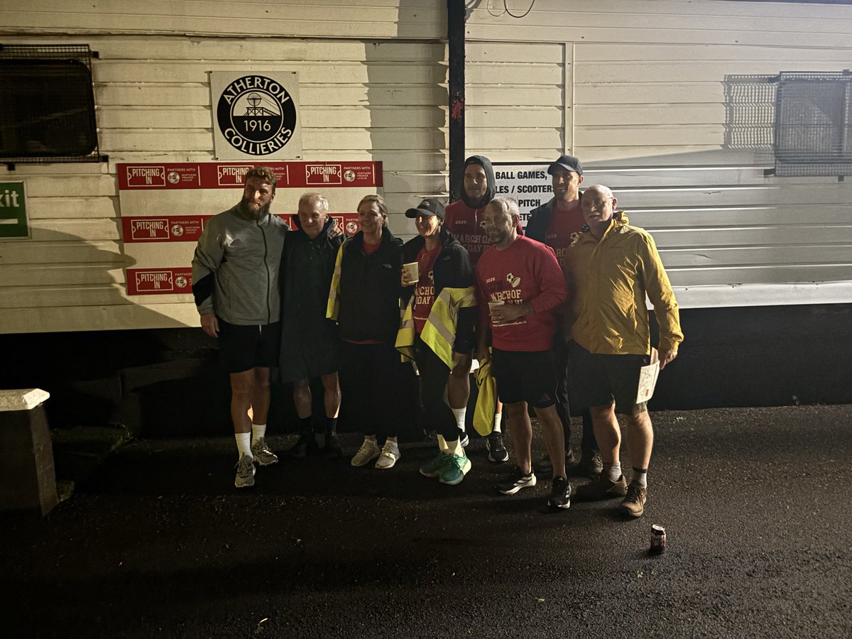 Redsmail's tweet photo. March of the Day III passes @LeighLeopardsRL and @ACFC1916. Last of those stops was fantastic. Great effort by Atherton Collieries to open up for us and feed us at 2am. #Legends https://t.co/uuBaMbJn3E