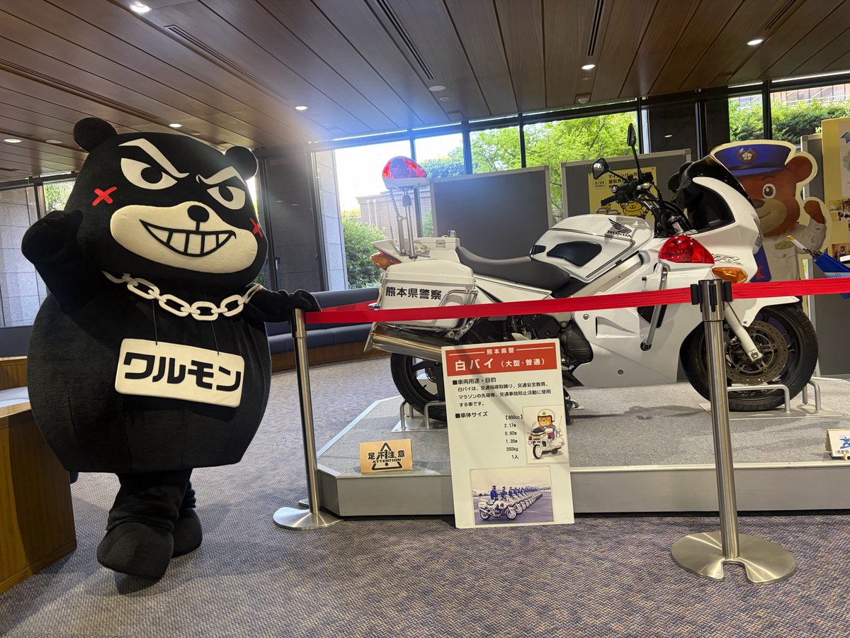 kumapp_hanyoku's tweet photo. ワルモン「明日は熊本市北区の交通機動隊で行われる「第５２回交通機動隊安全運転競技大会」通称白バイ大会に行くバィ♪一般のみなさんも遊びに来れるイベントだけん、是非みんなで白バイ隊ば応援するバィ♪もちろん隣の警察官防犯ブースば出すみたいバィ♪ https://t.co/xO52ttiU7H